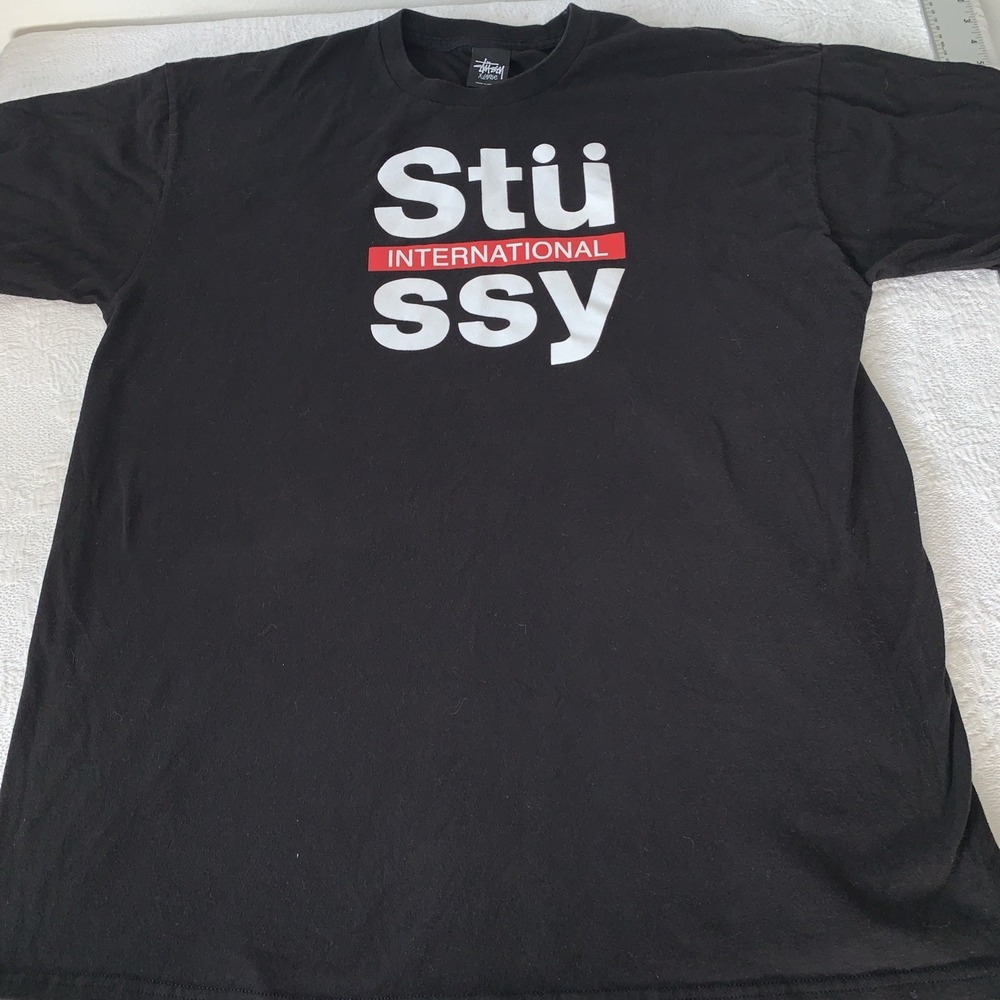 Stussy T Shirt Mens XL Black International Spell Out Short Sleeve Logo Tee